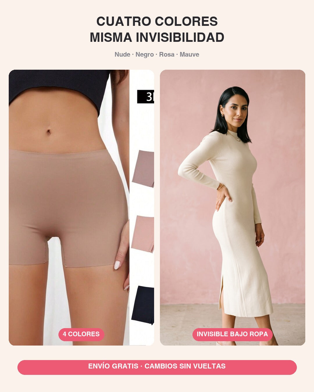 Disponible en 4 colores · invisible bajo ropa
